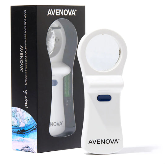 Box containing 1 avenova self examination mirror. Another mirror is shown outside of the box, displaying the handle and the mirror that is used to examine your own eye