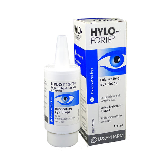 Hylo-forte dry eye drops, bottle and box. 