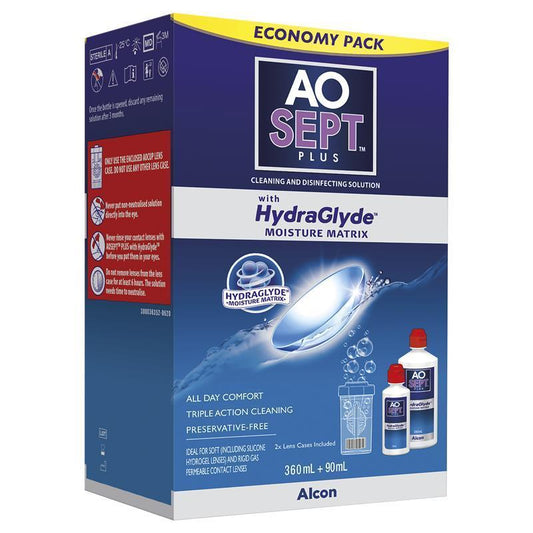 Aosept peroxide cleaner economy pack packaging. Contains two bottles of AOSEPT and one cleaning case